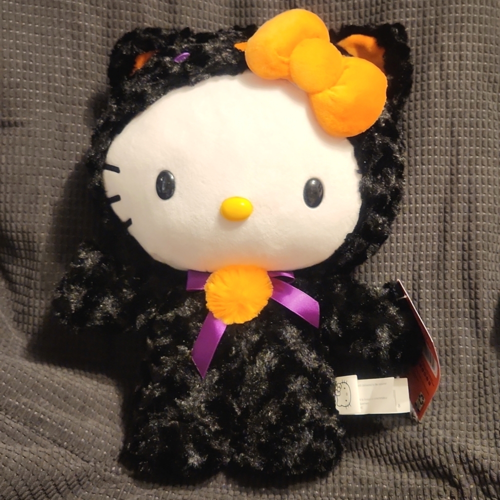 NWT Halloween Hello Kitty 16" Black Fuzzy Cat Greeter Decoration